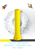 A bright yellow Rocket Bollard product centered on a white and light gray background with technical gear graphics, small rocket and planet illustrations, and promotional text at the bottom.